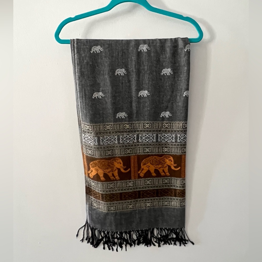 Cashmere Pashmina Grey and Orange Elephant Patterned Scarf